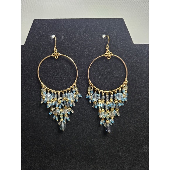 Jewelry - Gold-Tone Wire Wrapped Hoop Chandelier Earrings with Blue Crystal Beaded Fringe
